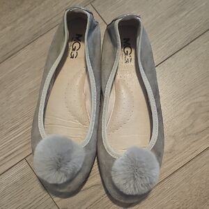 Women's Gray Suede Ballet Flats with Pom Pom